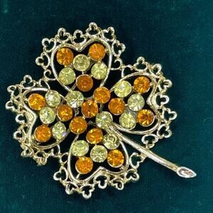 Four Leaf Clover Brooch Yellow Amber Orange Gold Tone Vtg Jewelry Pin O02